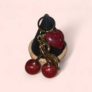 Red Cherry Keychain with Heart Charm